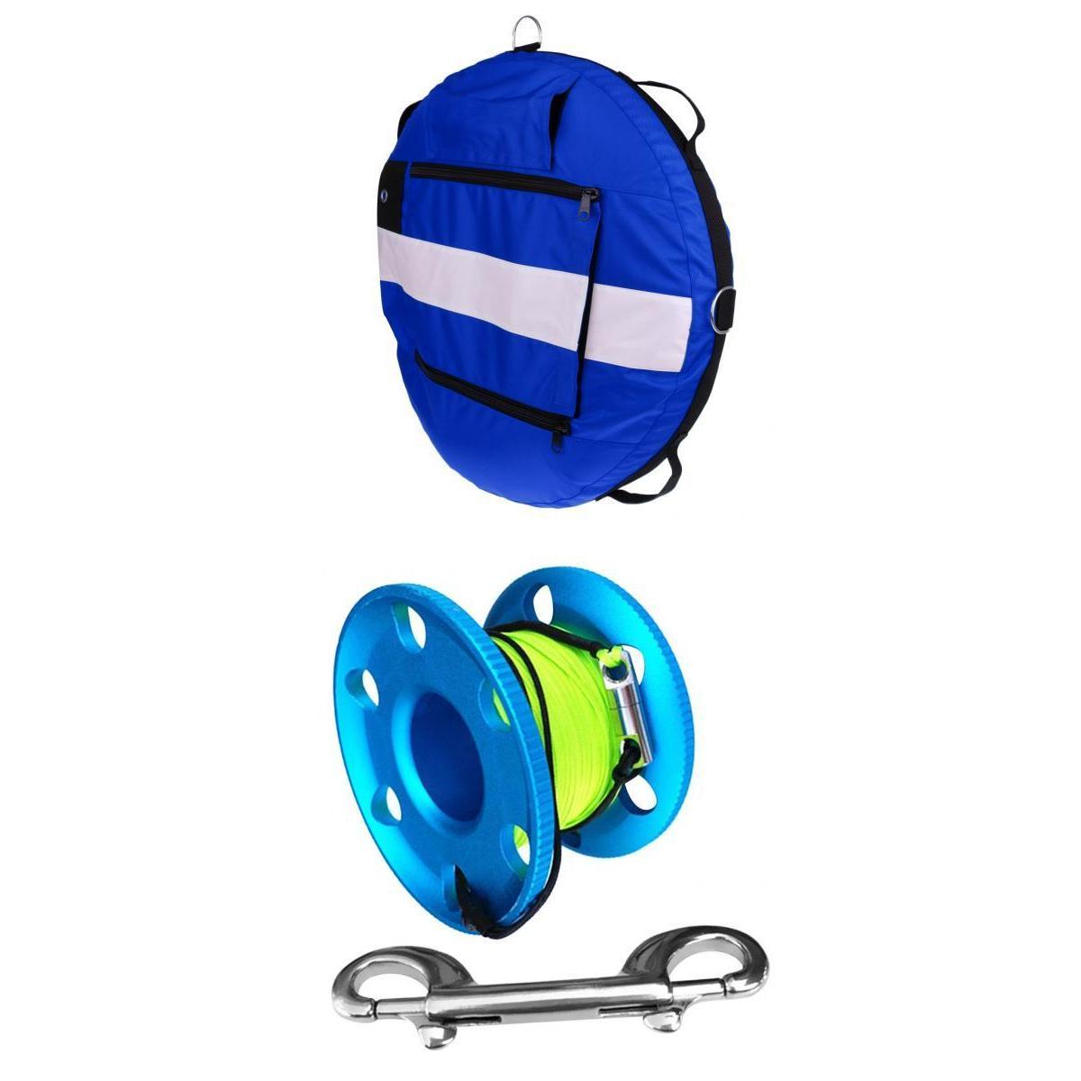 Blue Inflatable Freediving Buoy & 30m Finger Reel for Freediver Spearfishing