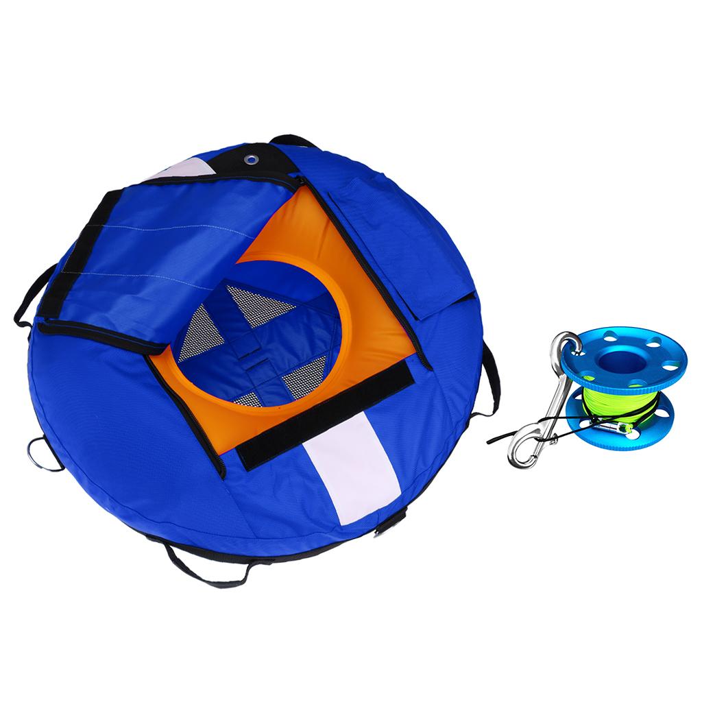 Blue Inflatable Freediving Buoy & 30m Finger Reel for Freediver Spearfishing