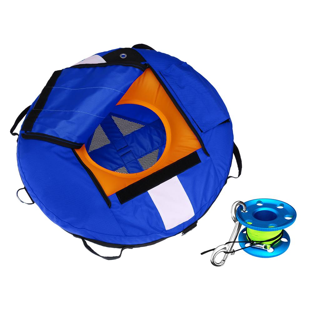Blue Inflatable Freediving Buoy & 30m Finger Reel for Freediver Spearfishing