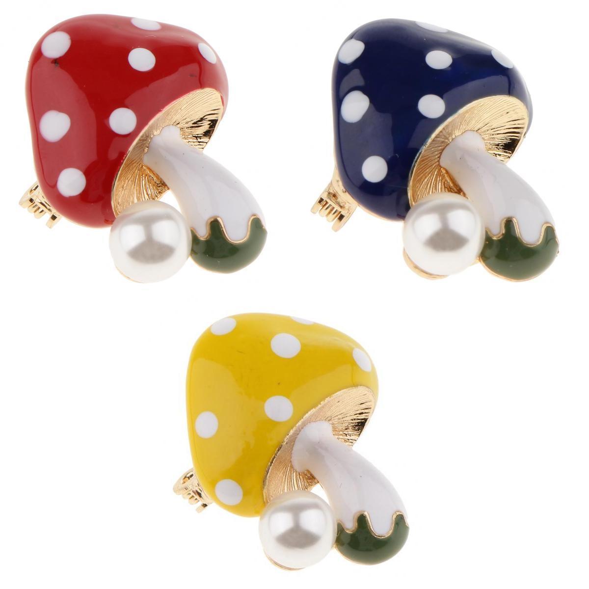 3 Pieces Delicate 3 Colors Enamel Faux Pearl Mushroom Brooch Pins for Womens