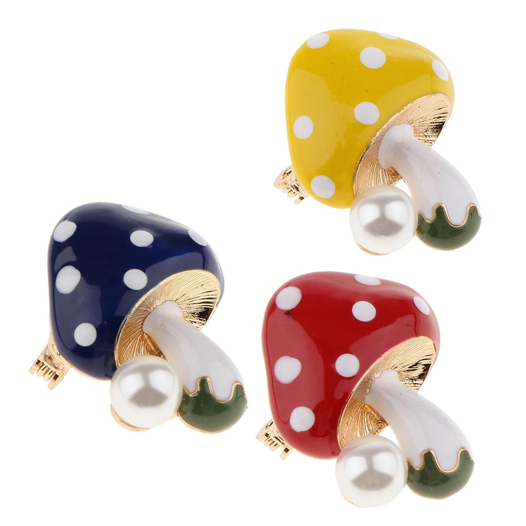 3 Pieces Delicate 3 Colors Enamel Faux Pearl Mushroom Brooch Pins for Womens