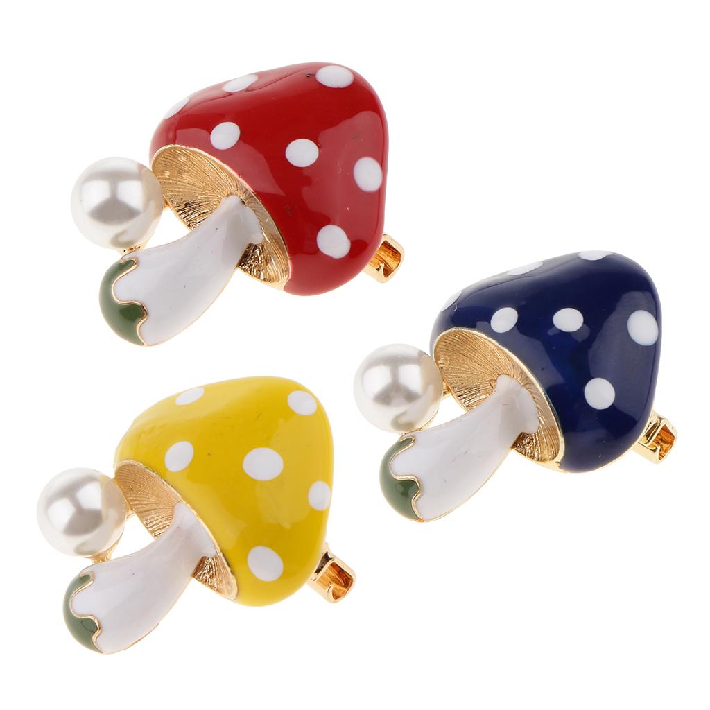 3 Pieces Delicate 3 Colors Enamel Faux Pearl Mushroom Brooch Pins for Womens