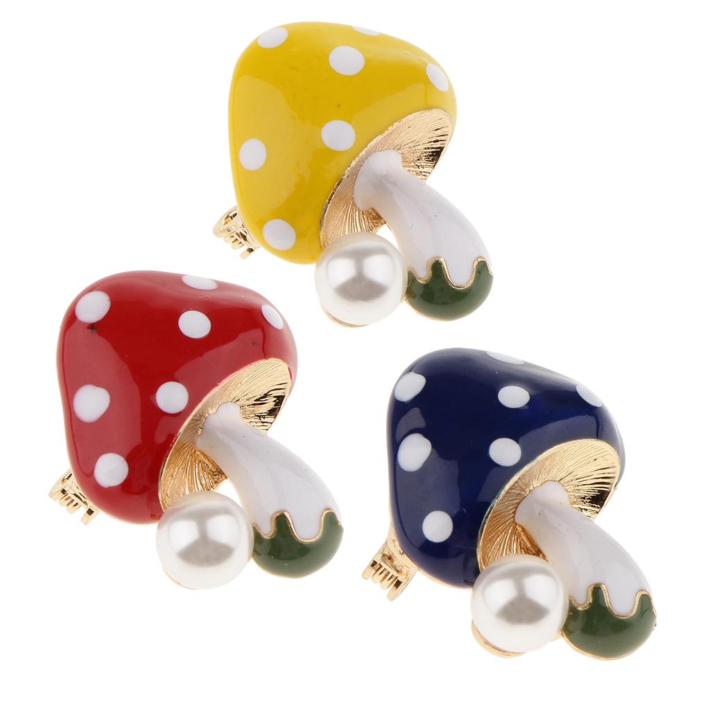 3 Pieces Delicate 3 Colors Enamel Faux Pearl Mushroom Brooch Pins for Womens