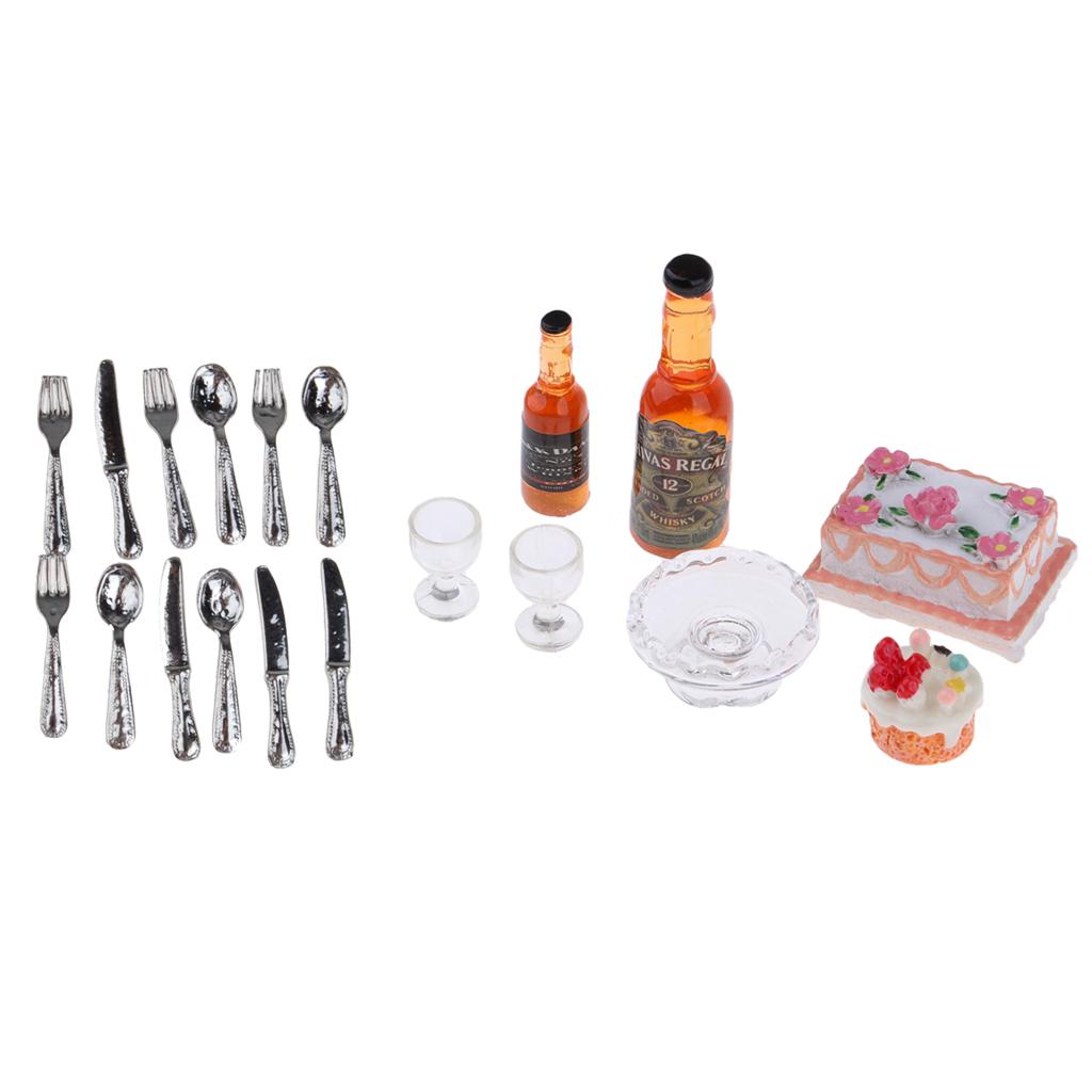 6Pcs Kitchen Food & 12Pcs Tableware 1/12 Dollhouse Miniature Kitchen Model