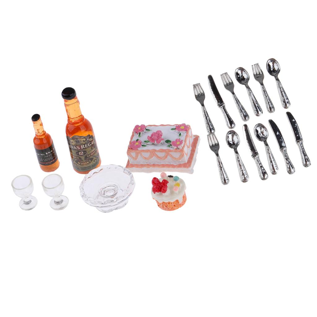 6Pcs Kitchen Food & 12Pcs Tableware 1/12 Dollhouse Miniature Kitchen Model