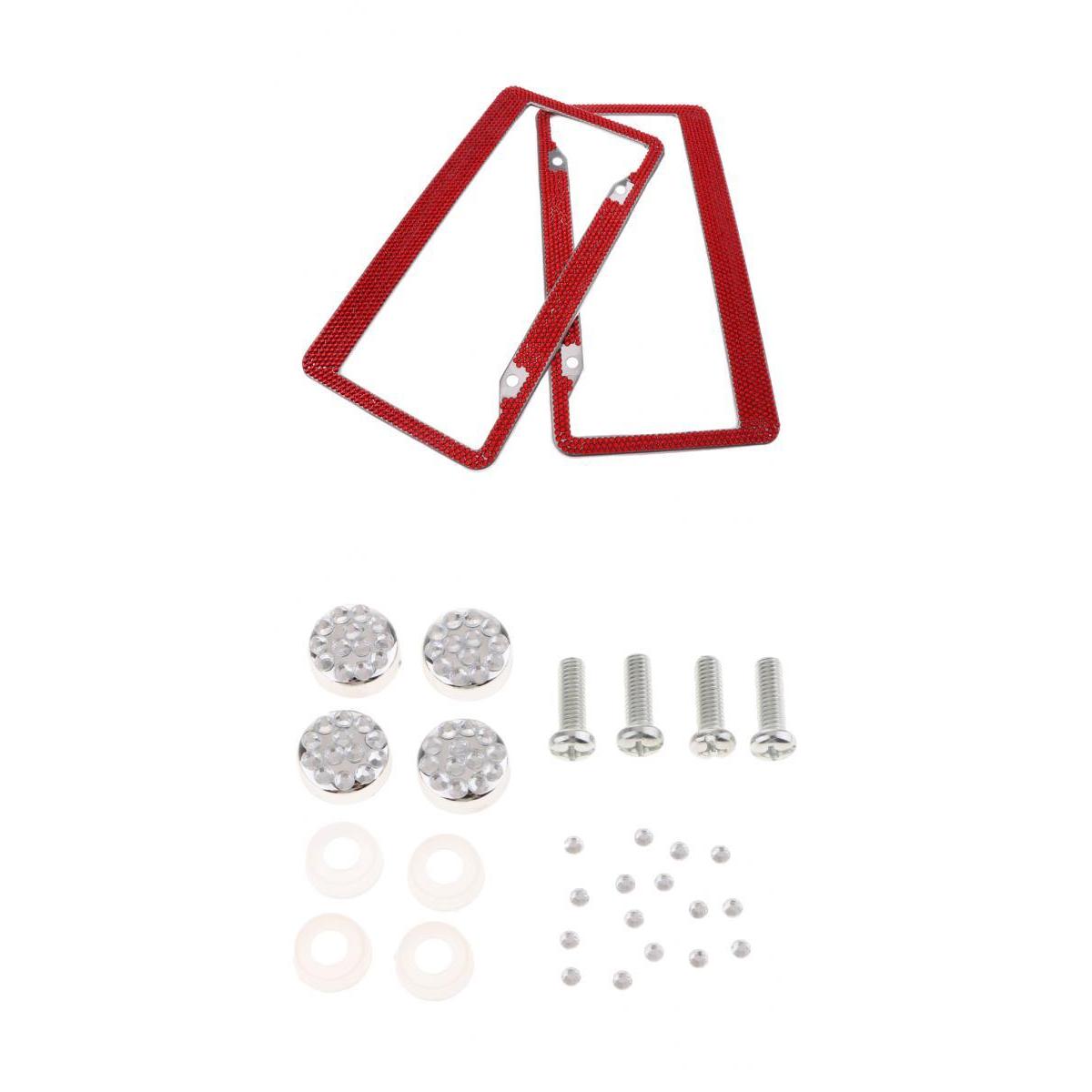 2Pcs 12x6" License Plate Frame w/8X Rhinestone Screws Fasteners Red"