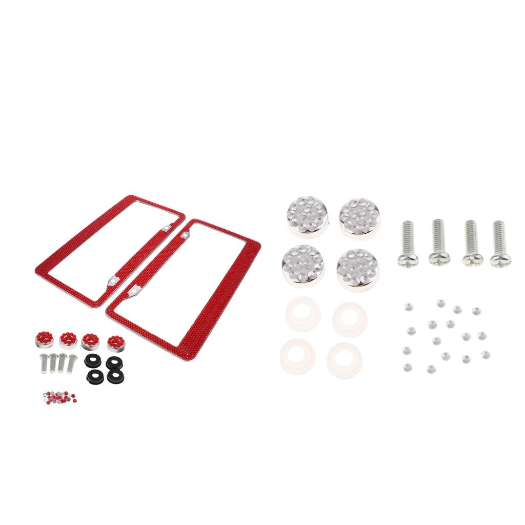 2Pcs 12x6" License Plate Frame w/8X Rhinestone Screws Fasteners Red"