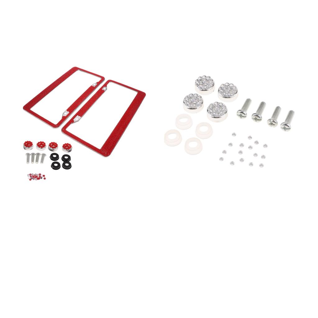 2Pcs 12x6" License Plate Frame w/8X Rhinestone Screws Fasteners Red"