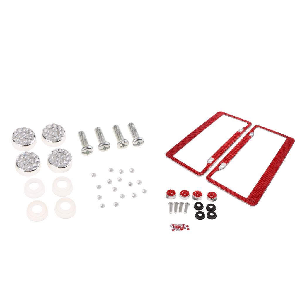 2Pcs 12x6" License Plate Frame w/8X Rhinestone Screws Fasteners Red"