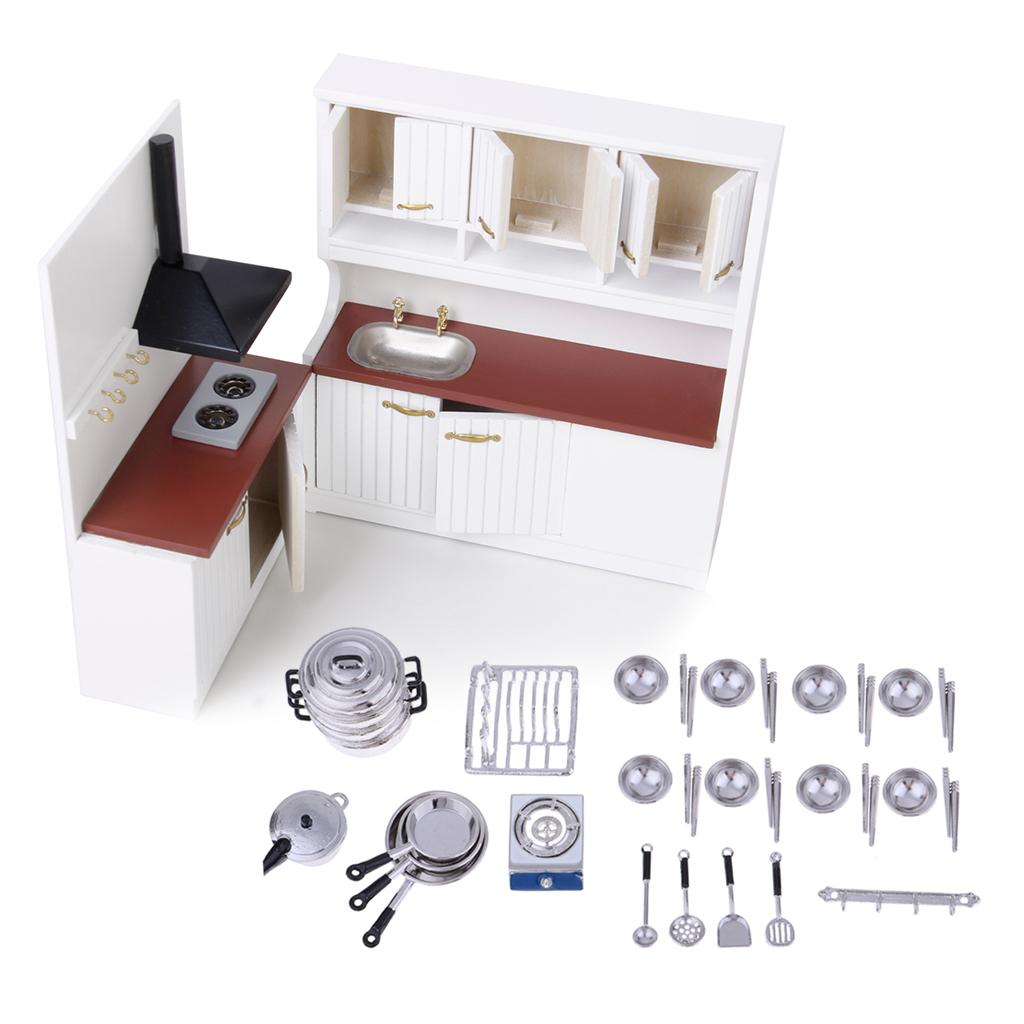 1/12 Dollhouse Miniature Kitchen Furniture Kit with Kitchenware Cookware Set