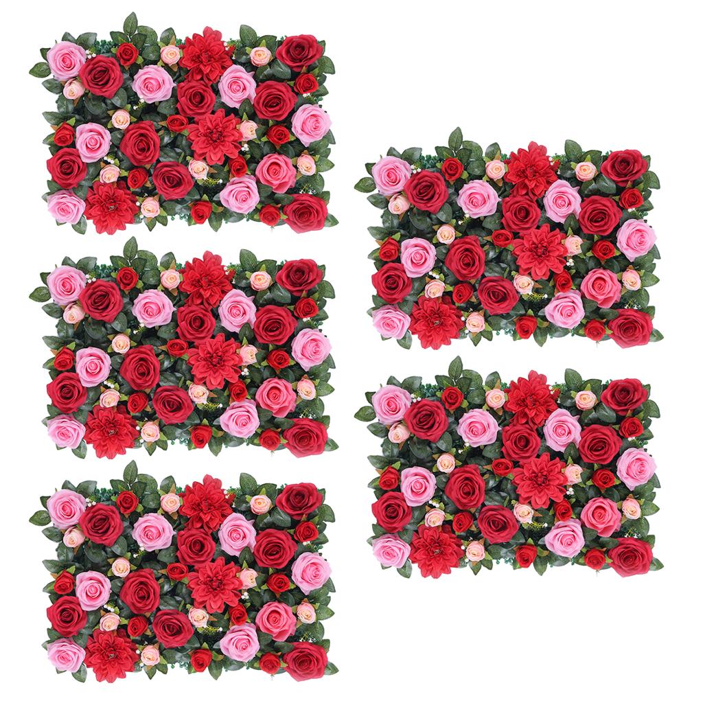 5Pcs Artificial Flower Wall Panels Wedding Venue Decor Red with Leaves