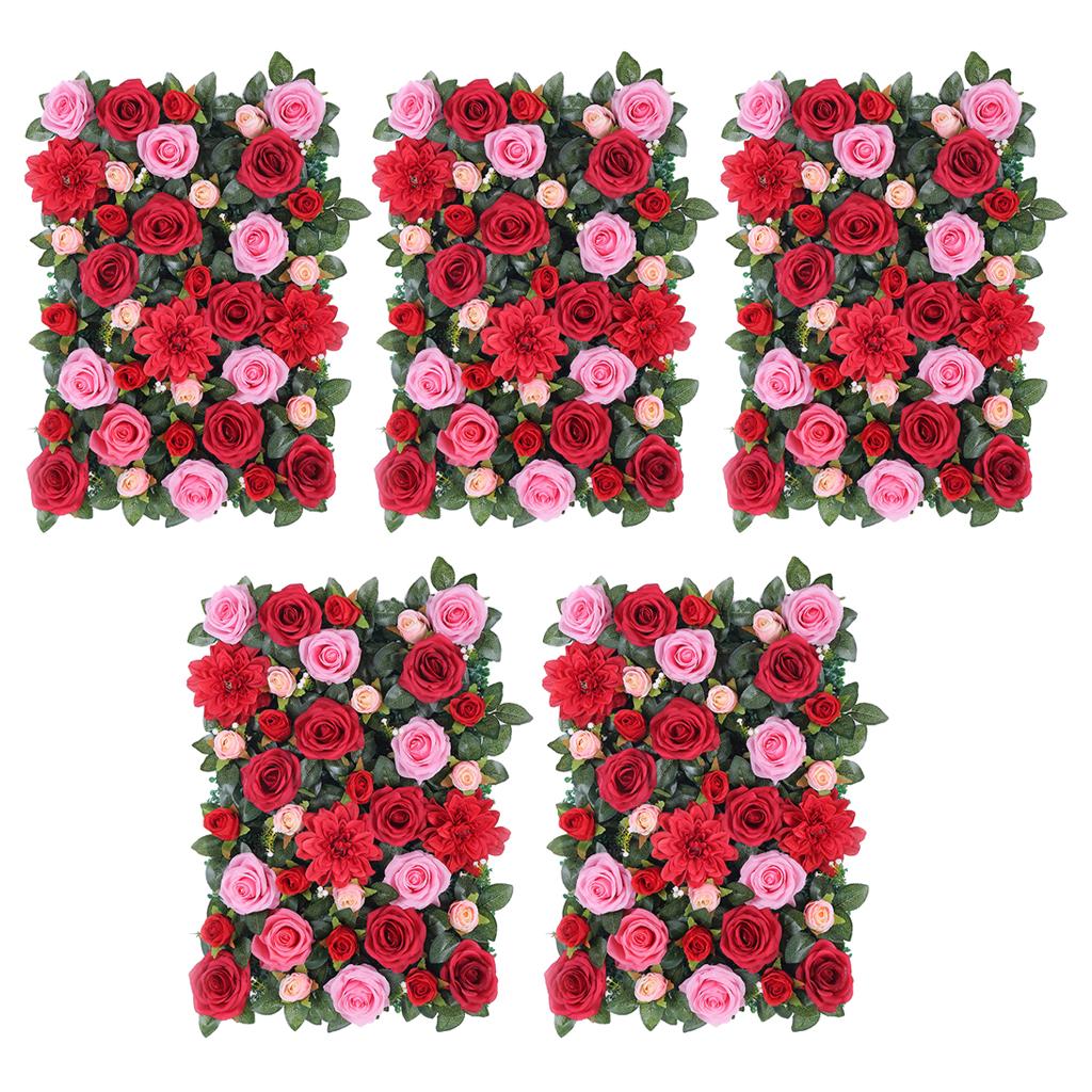 5Pcs Artificial Flower Wall Panels Wedding Venue Decor Red with Leaves