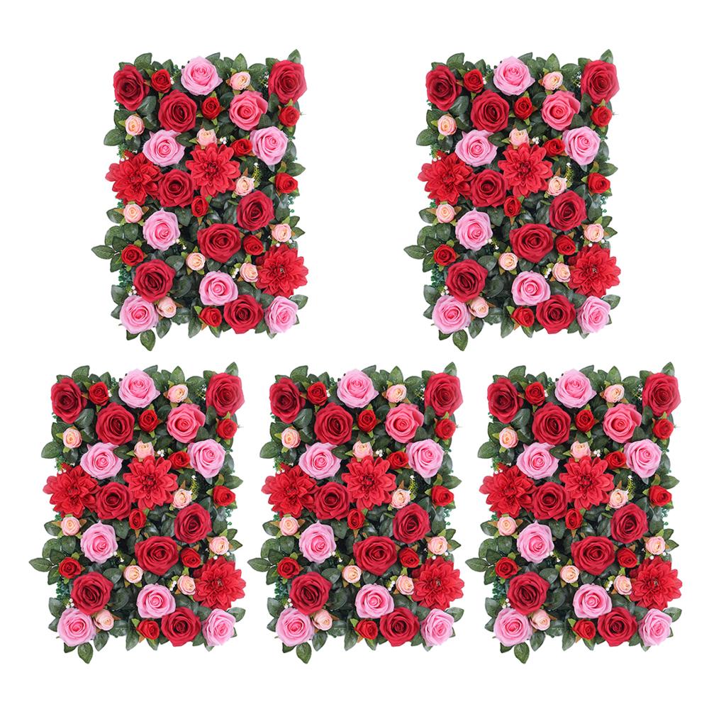 5Pcs Artificial Flower Wall Panels Wedding Venue Decor Red with Leaves