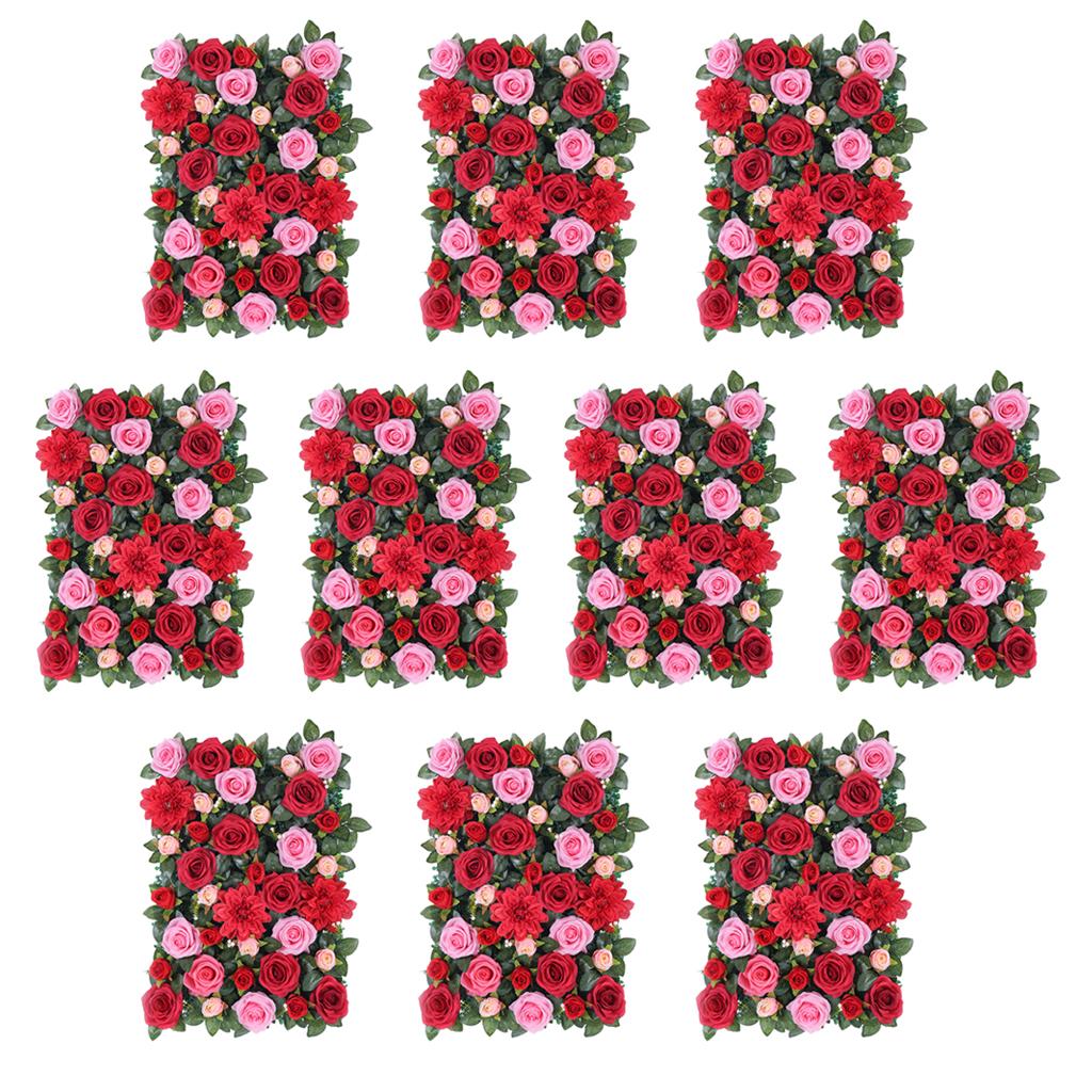 10Pcs Artificial Flower Wall Panels Wedding Venue Decor Red with Leaves