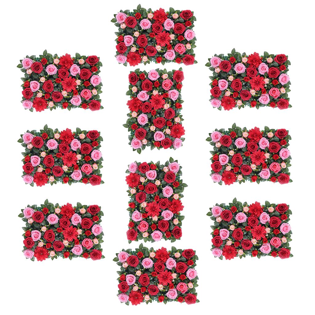 10Pcs Artificial Flower Wall Panels Wedding Venue Decor Red with Leaves