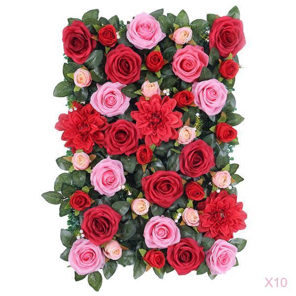 10Pcs Artificial Flower Wall Panels Wedding Venue Decor Red with Leaves
