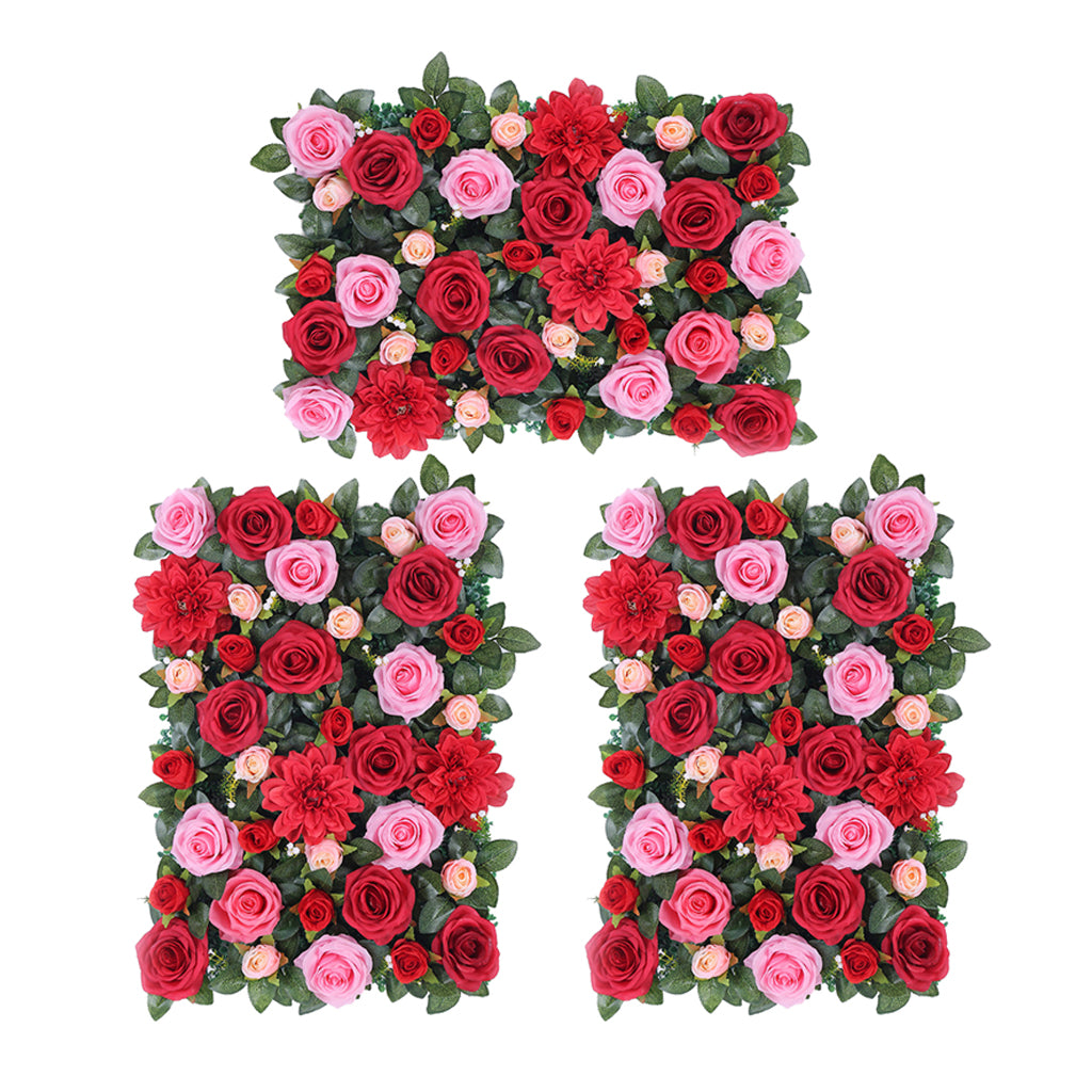3Pcs Artificial Flower Wall Panels Wedding Venue Decor Red with Leaves