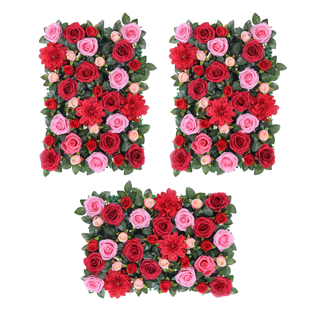 3Pcs Artificial Flower Wall Panels Wedding Venue Decor Red with Leaves