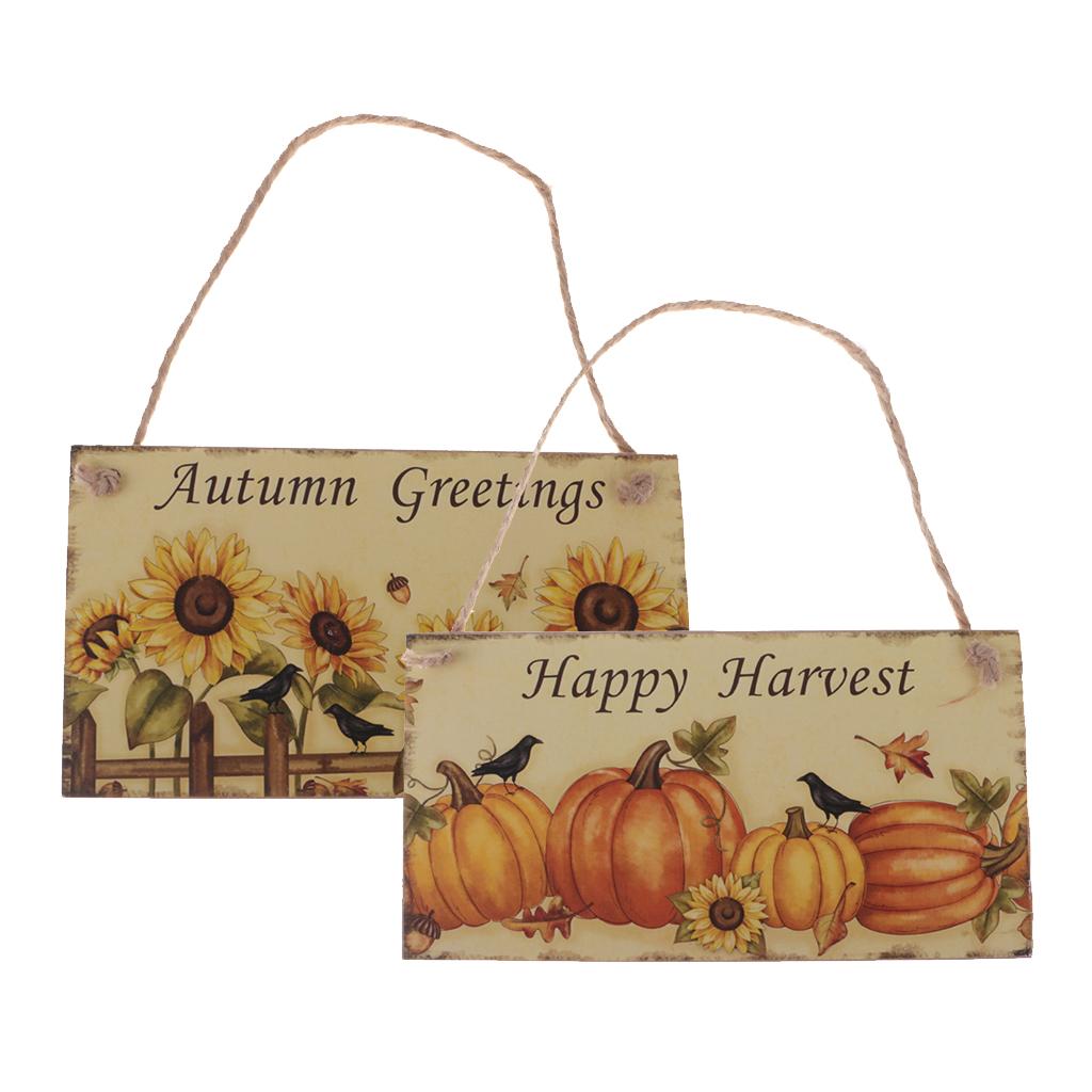 2pcs Rustic Wood Plaque Autumn Blessings Board Happy Harvest Hanging Sign