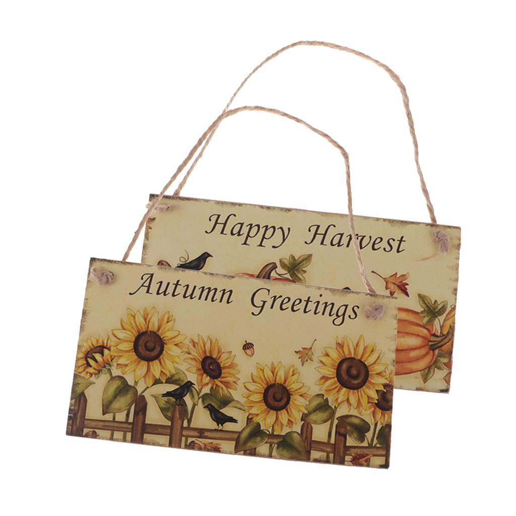 2pcs Rustic Wood Plaque Autumn Blessings Board Happy Harvest Hanging Sign