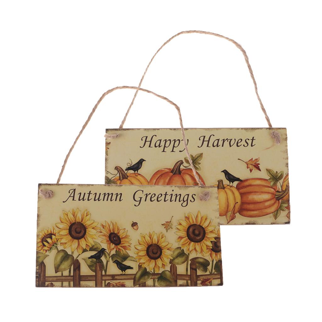 2pcs Rustic Wood Plaque Autumn Blessings Board Happy Harvest Hanging Sign