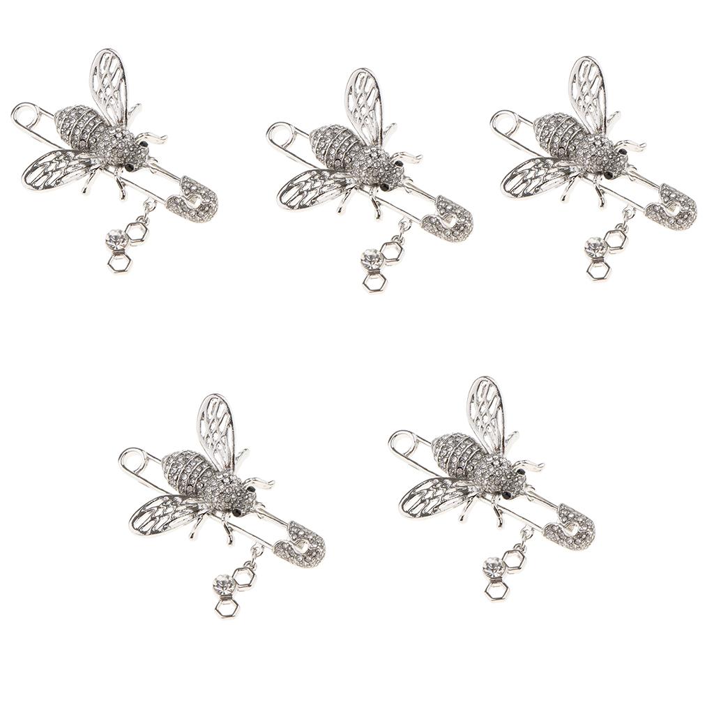 5 Pieces Women Girls Rhinestone Insect Bee Brooch Pins Clothing Decor Silver