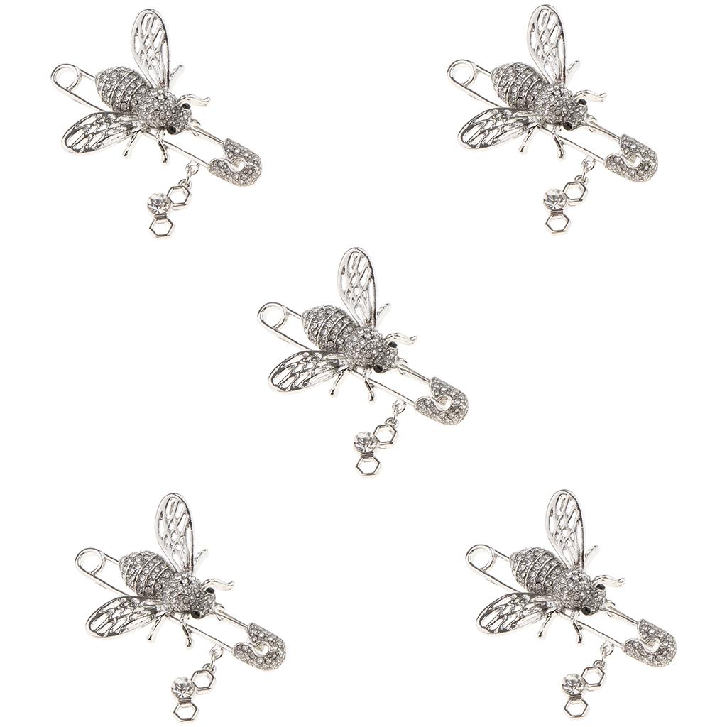 5 Pieces Women Girls Rhinestone Insect Bee Brooch Pins Clothing Decor Silver