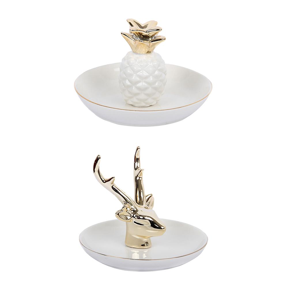 2 Pieces Ceramic Ring Necklace Trinkets Jewelry Holder Decor Dish Pineapple