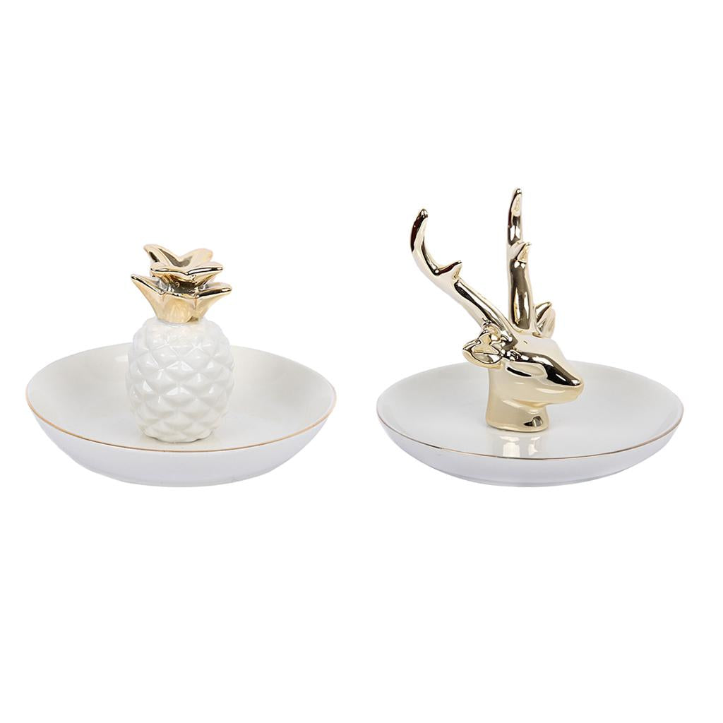 2 Pieces Ceramic Ring Necklace Trinkets Jewelry Holder Decor Dish Pineapple