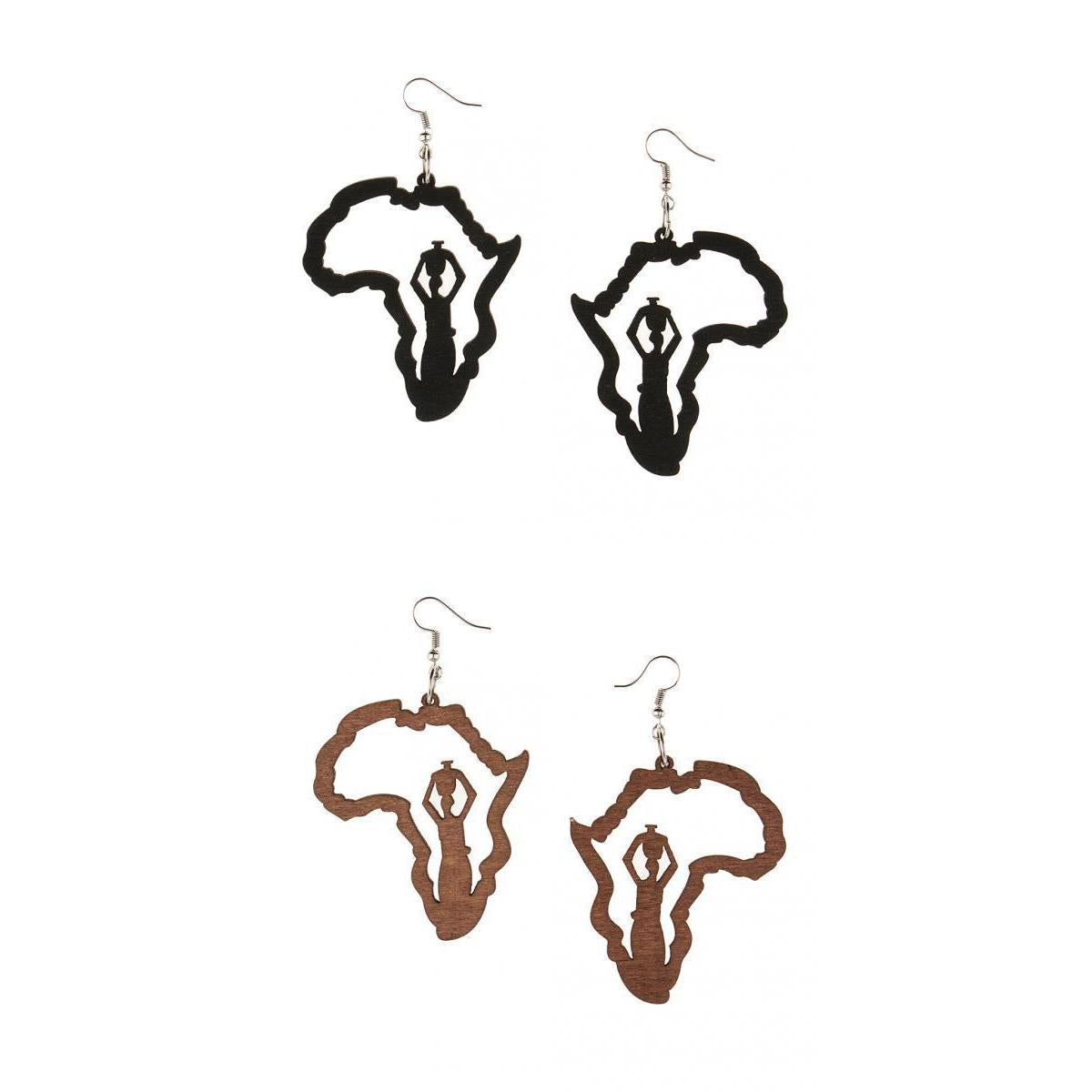 2 Pairs Vintage Ethnic Natural Women wooden African Map Tribal Drop Earrings