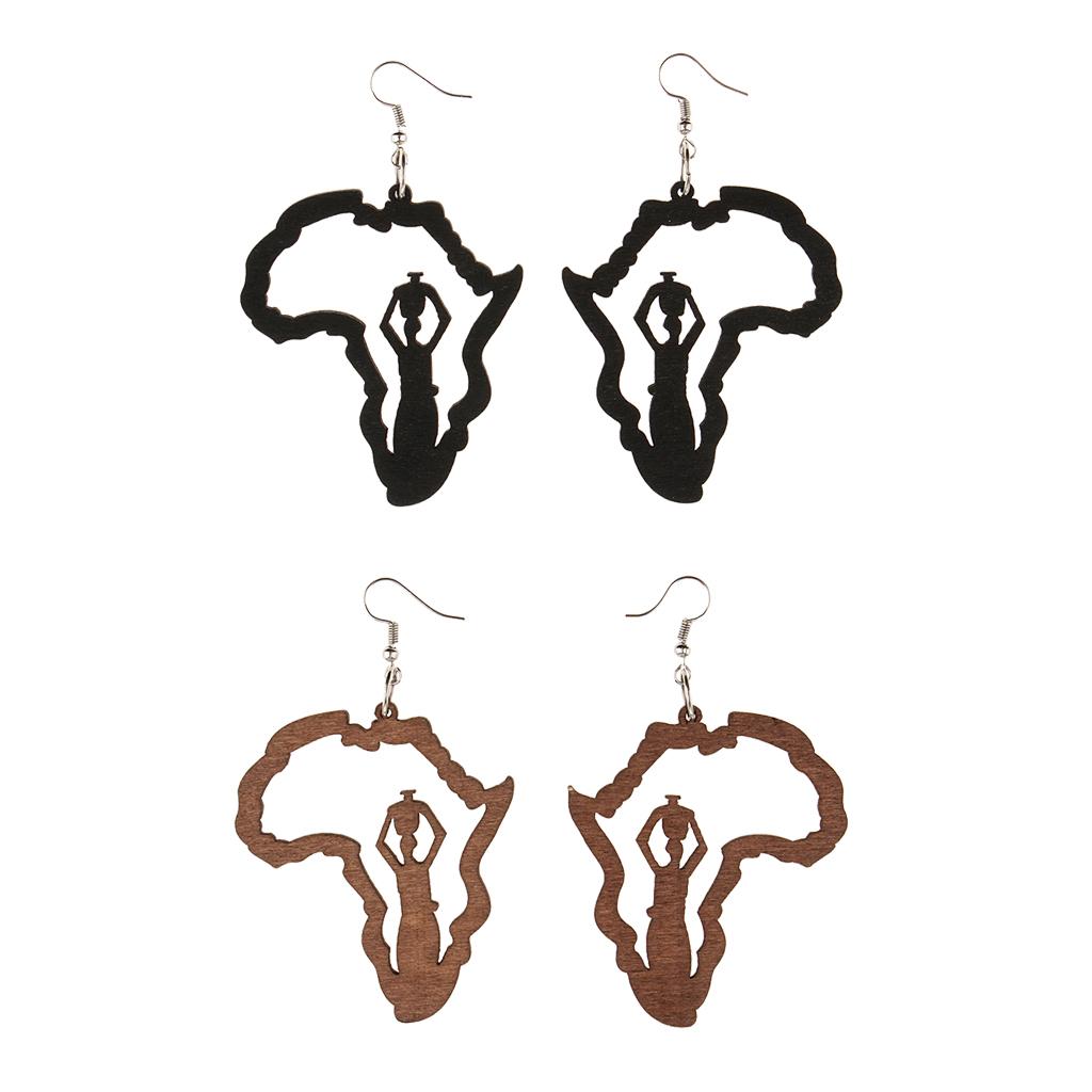 2 Pairs Vintage Ethnic Natural Women wooden African Map Tribal Drop Earrings
