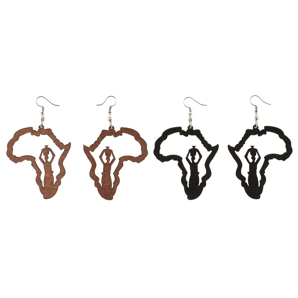 2 Pairs Vintage Ethnic Natural Women wooden African Map Tribal Drop Earrings