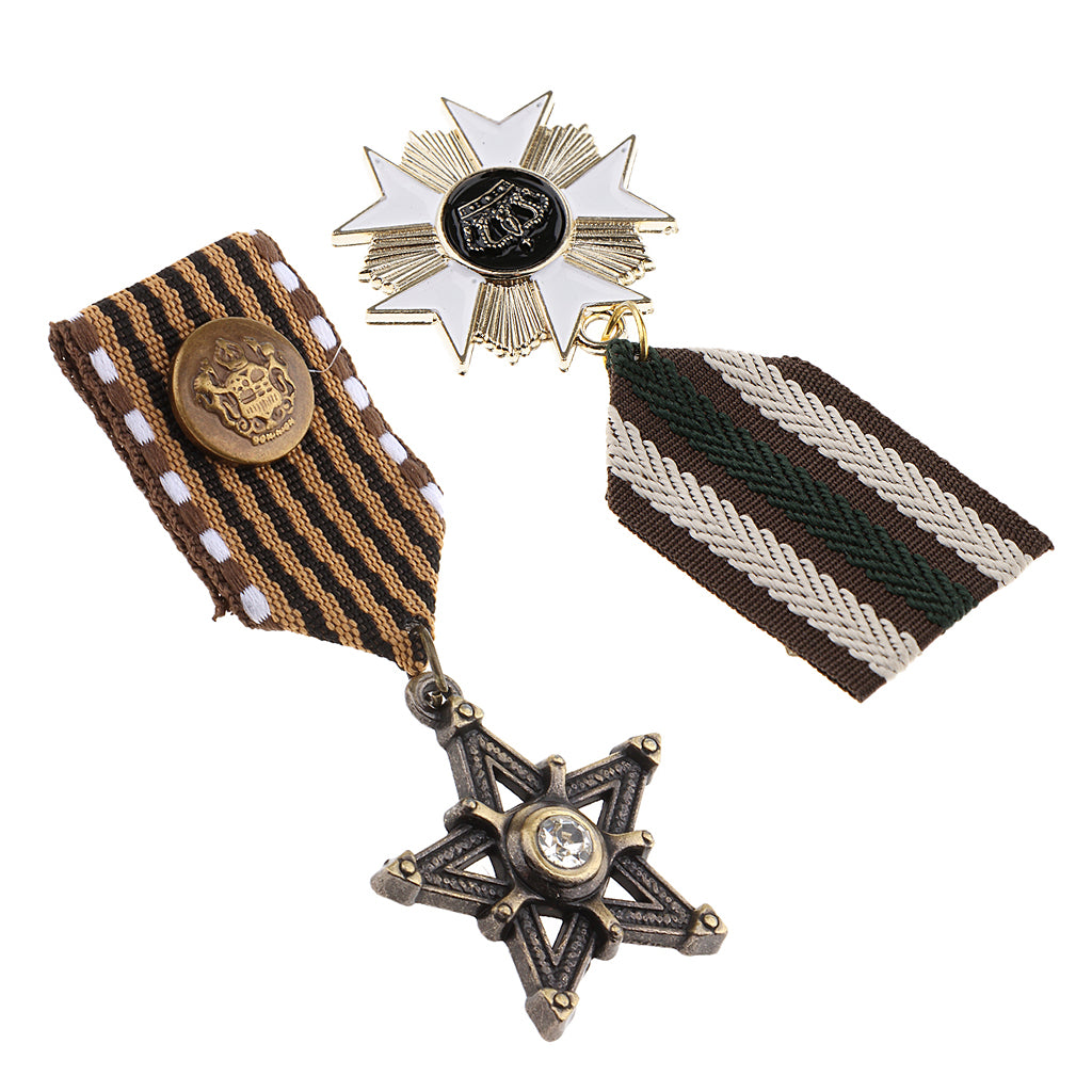2 Pieces Vintage Crown Star Geometric Medal Badge Fabric Uniform Brooch