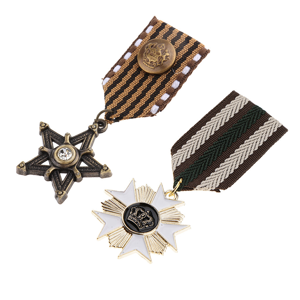 2 Pieces Vintage Crown Star Geometric Medal Badge Fabric Uniform Brooch