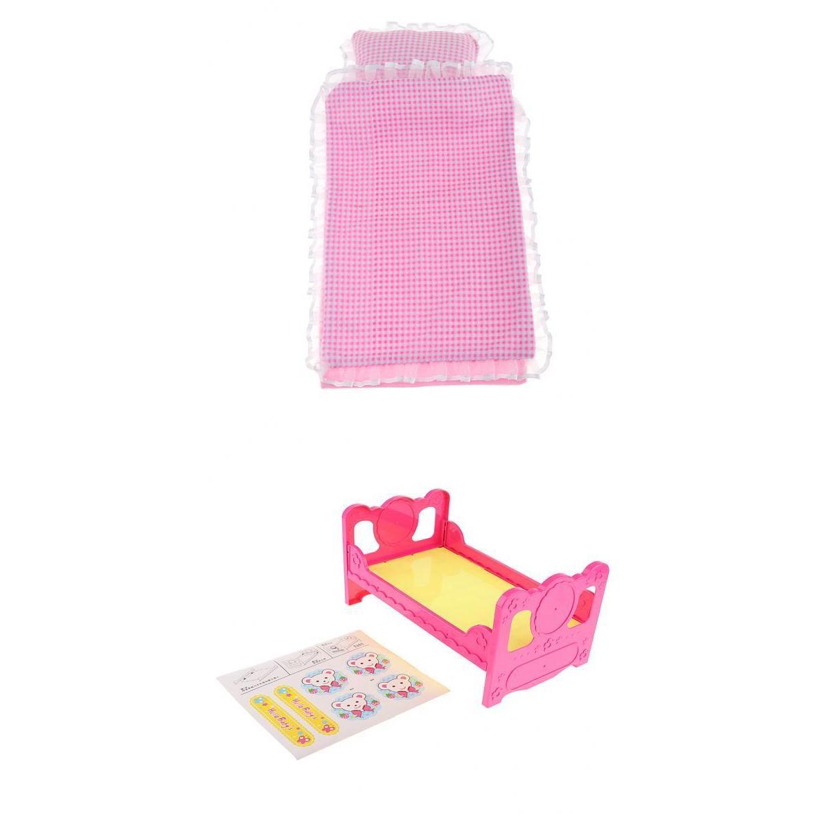 Baby Doll Single Bed With Sticker & Lace Plaid Bedding Set For Mellchan Doll