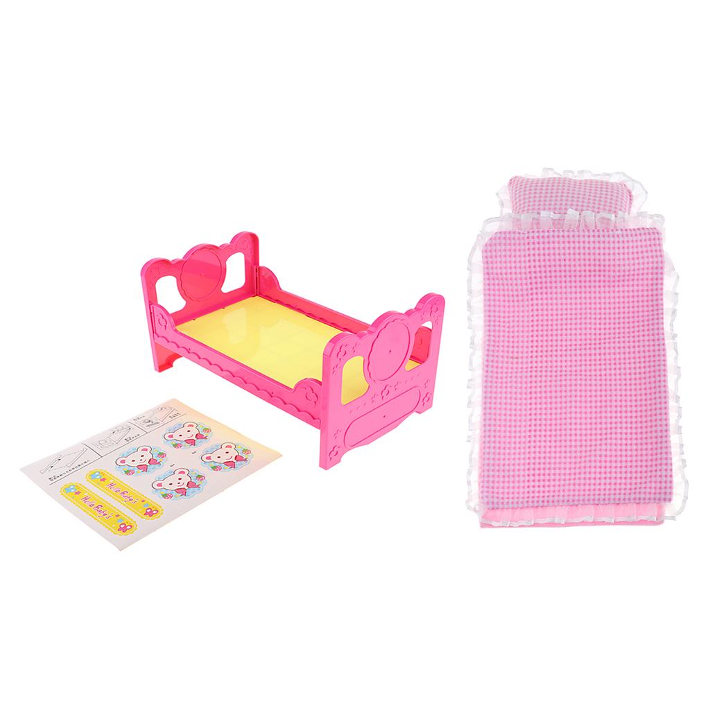 Baby Doll Single Bed With Sticker & Lace Plaid Bedding Set For Mellchan Doll