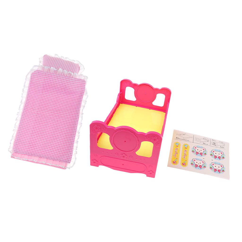 Baby Doll Single Bed With Sticker & Lace Plaid Bedding Set For Mellchan Doll