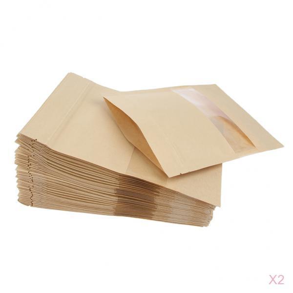 100x Kraft Paper Bags Stand Up Pouch Food Zip Lock Packaging Window 12x20+4