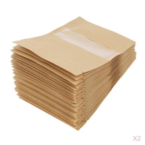 100x Kraft Paper Bags Stand Up Pouch Food Packaging Window 9x14cm