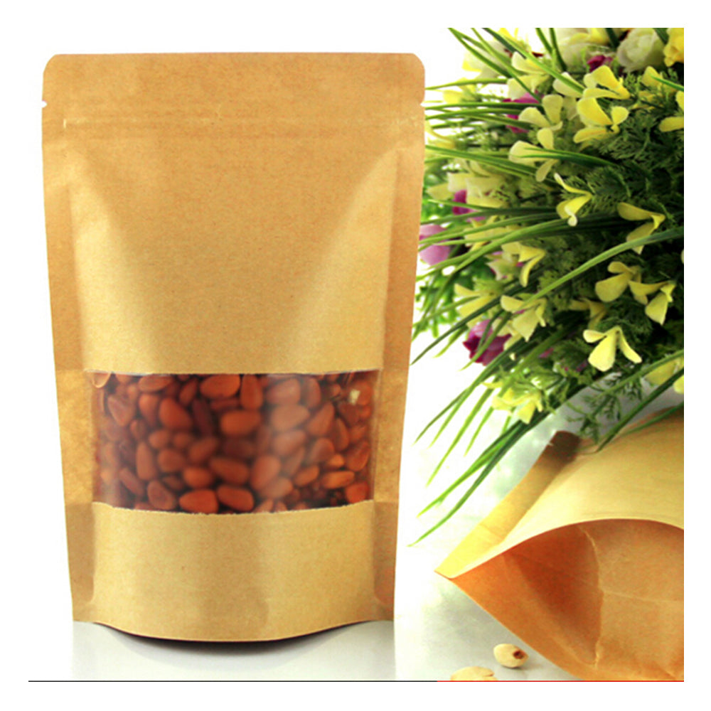 100x Kraft Paper Bags Stand Up Pouch Food Packaging Window 14x22+4
