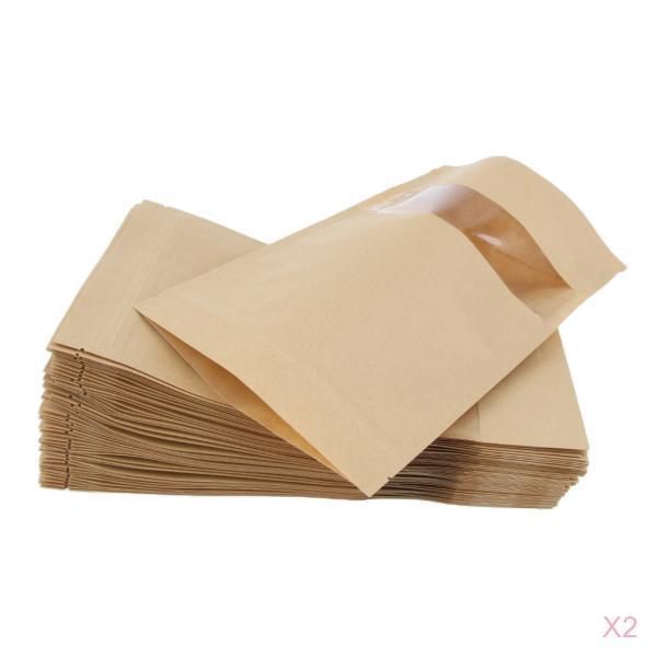 100x Kraft Paper Bags Stand Up Pouch Food Zip Lock Packaging Window 16x26cm