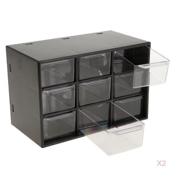 2x Storage Cabinet 9Grid 3 Layer Drawer Storage Box Sundries Organizer Black