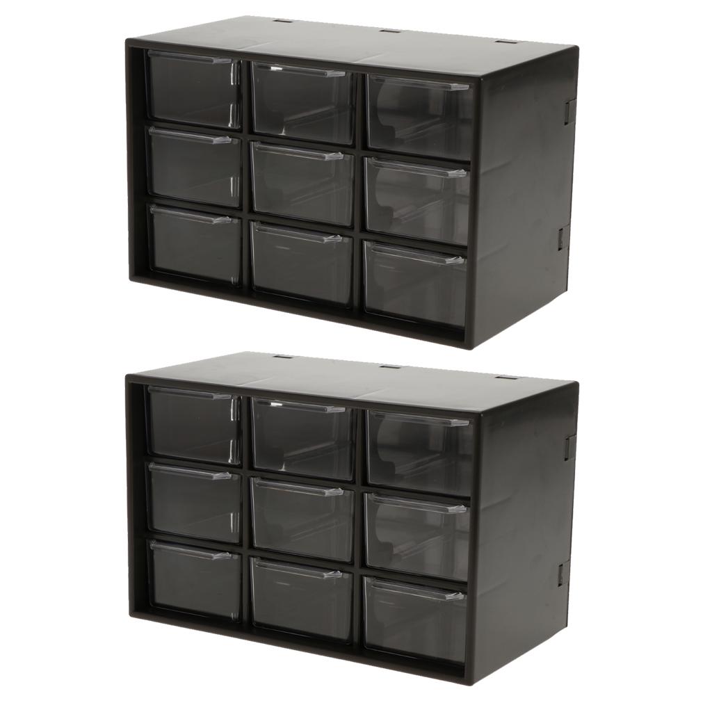 2x Storage Cabinet 9Grid 3 Layer Drawer Storage Box Sundries Organizer Black