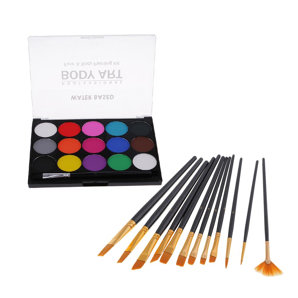 15 Colors Non-toxic Face&Body Paint Painting Brushes Fancy Party Make Up Kit