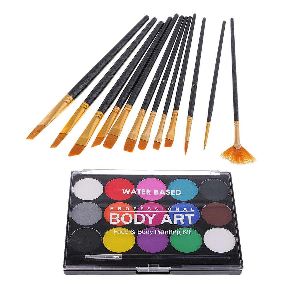 15 Colors Non-toxic Face&Body Paint Painting Brushes Fancy Party Make Up Kit