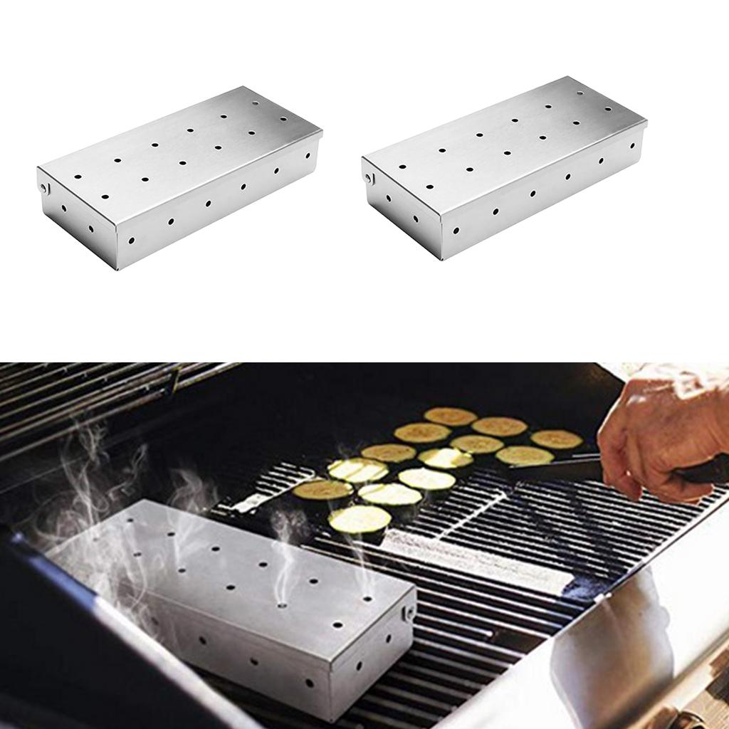 2Pcs Stainless Steel Meat Smoking Barbecue Smoker Box for BBQ Wood Chips