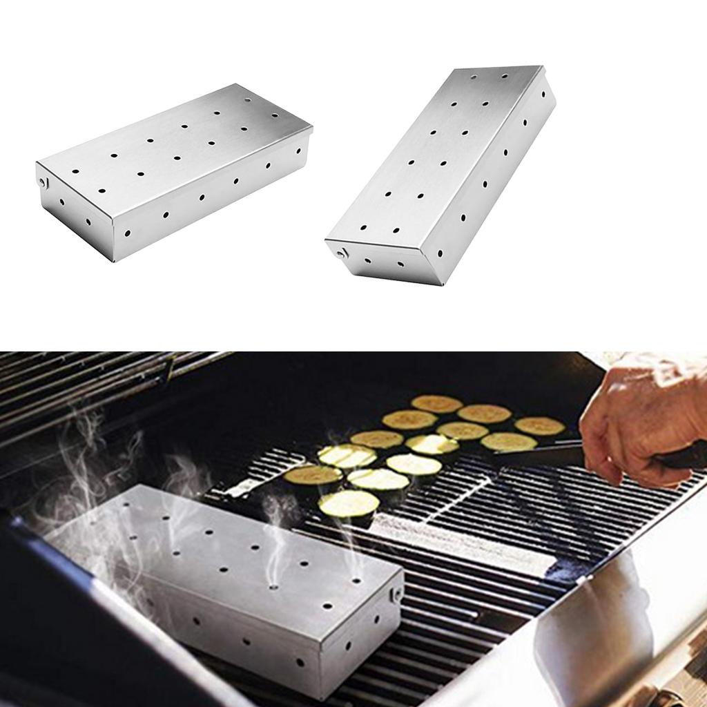 2Pcs Stainless Steel Meat Smoking Barbecue Smoker Box for BBQ Wood Chips