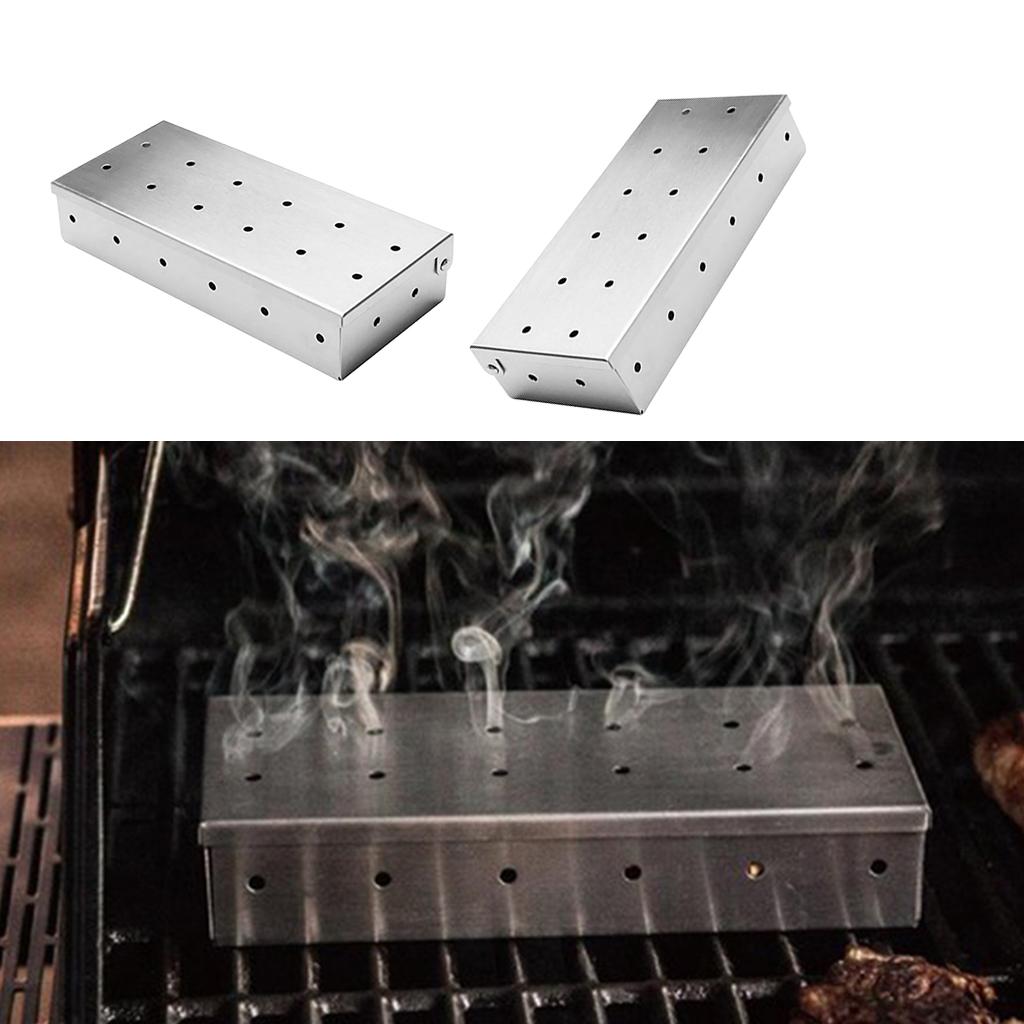 2Pcs Stainless Steel Meat Smoking Barbecue Smoker Box for BBQ Wood Chips
