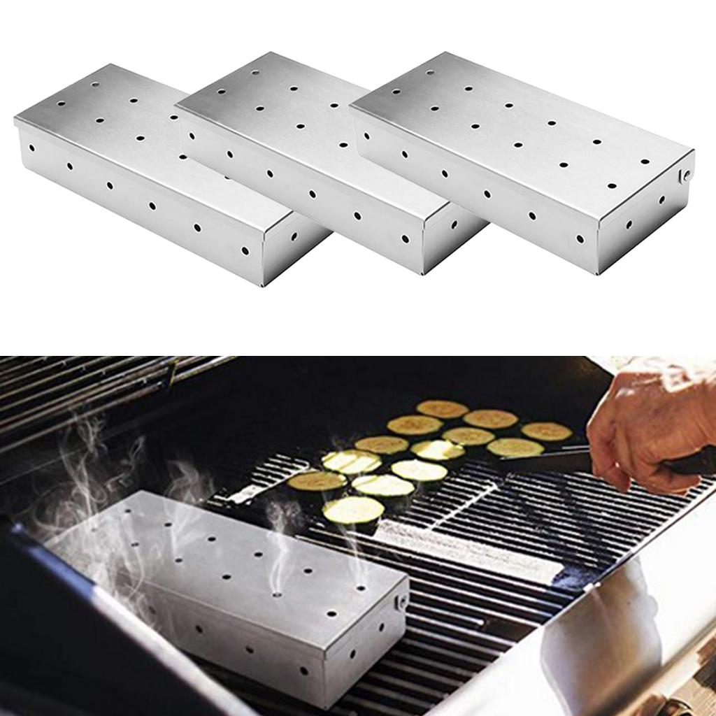 3Pcs Stainless Steel Meat Smoking Barbecue Smoker Box for BBQ Wood Chips