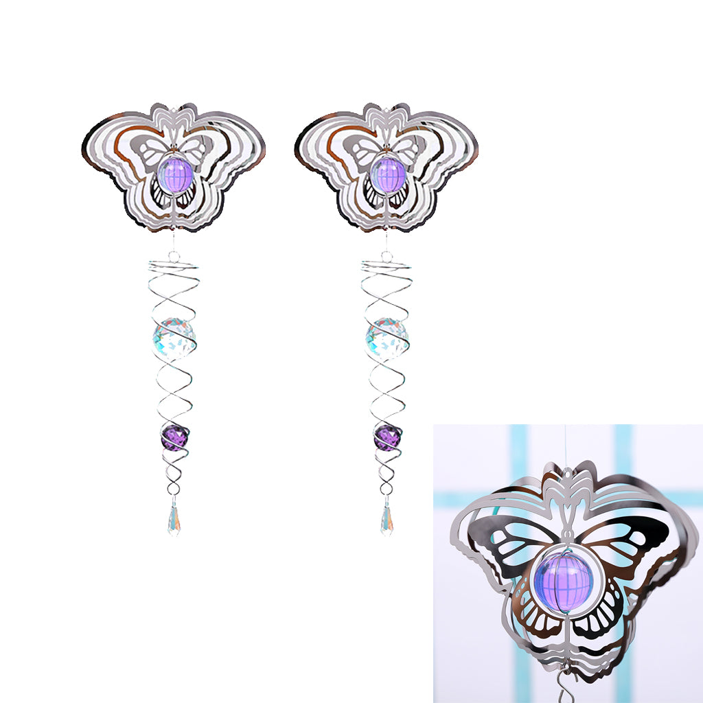 2Pcs 3D Metal Hanging Wind Spinner/Wind Chime Crystal Ball Center Butterfly